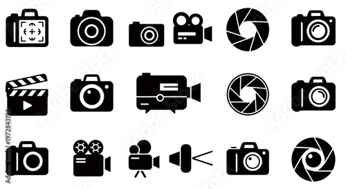 Collection of black camera and media icons for design projects.
