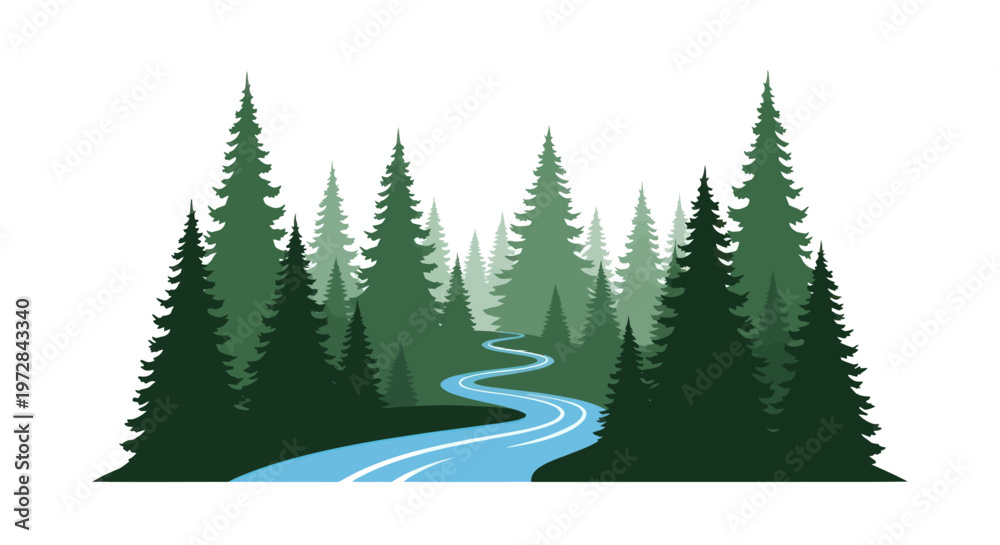 Fototapeta premium A winding river through a dense pine forest illustration.