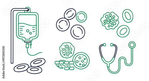 Set of medical and oncology icons featuring IV drip bag blood cells and stethoscope