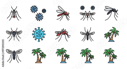 Set of flat line icons representing mosquitoes viruses and tropical palm trees