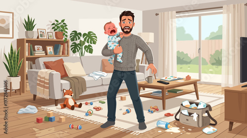 Stressed Father Holding Crying Baby in Messy Living Room