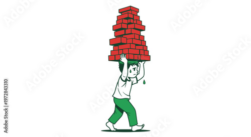 Illustration of a man struggling to carry a heavy stack of red bricks on his head.