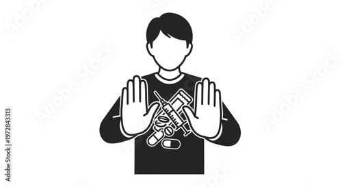 A person makes a stop gesture, refusing drugs and addiction in this symbolic illustration.