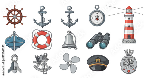 Vector set of nautical equipment and marine sailing items