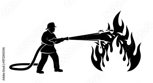 Firefighter silhouette spraying water on flames, emergency service, rescue action