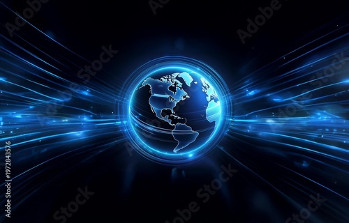 A glowing blue globe surrounded by abstract lines of light.