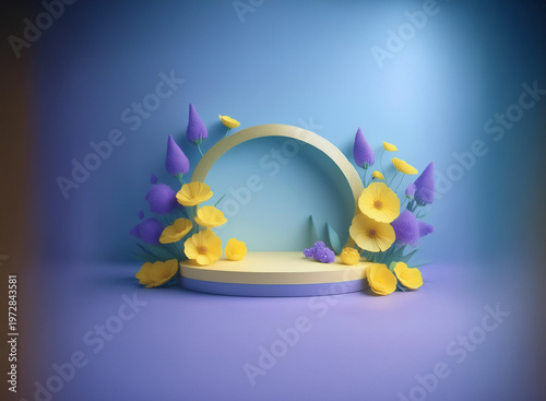 Pastel yellow and purple stylized flowers surround a circular