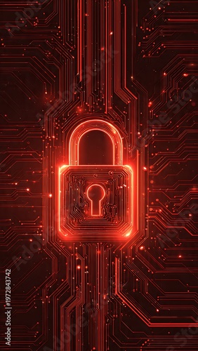 “Cybersecurity Protection Concept with Red Warning Circuit Padlock”
