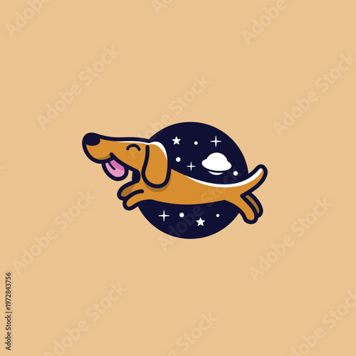 a cute and smiling dog flying through space logo