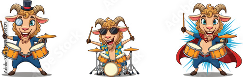 Funny cartoon goat drummer playing drums in different costumes, music animal character illustration, cool rock band mascot design, entertainment clipart