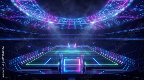 Futuristic neon tennis court illuminated in modern high tech stadium at night