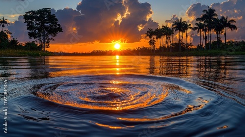 Serene sunset over tranquil lake. Ripples radiate outward from a gentle disturbance on the water's surface