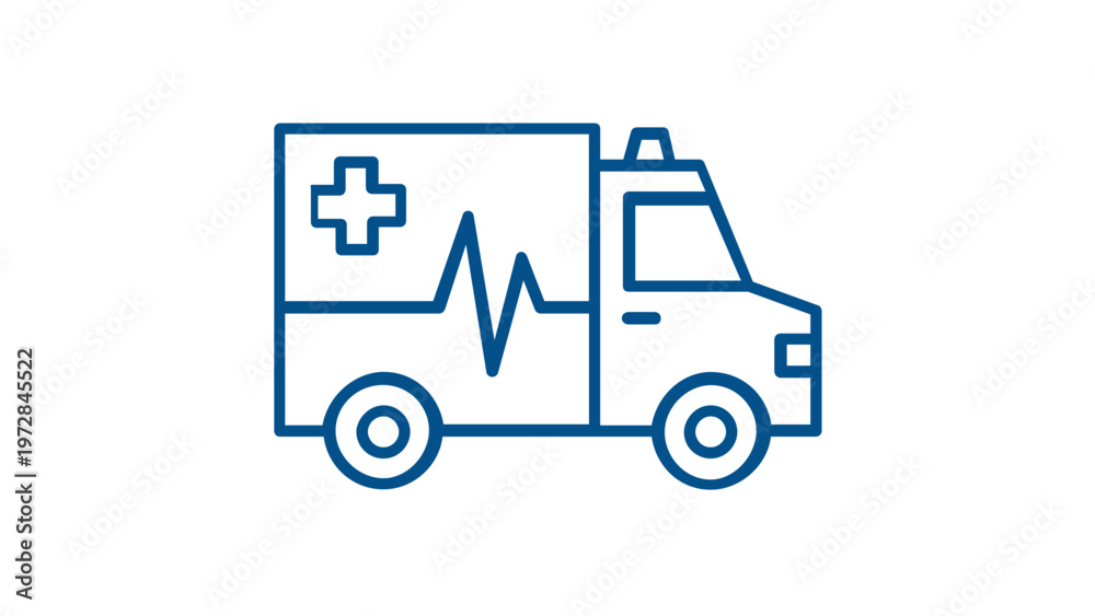 Naklejka premium Blue paramedic transit van for urgent clinical assistance and hospital evacuation; scalable flat vector graphic featuring cardiology symbols and medical cross for wellness platforms.