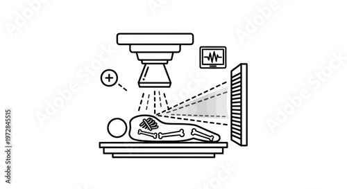 Medical X-ray scan of human skeleton on examination table, doctor's office illustration