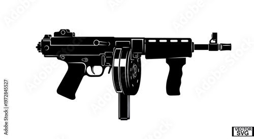 Silhouette of a vintage submachine gun with drum magazine
