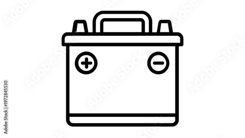 Car battery vector icon illustration, minimalist line art of an automotive lead-acid battery with positive and negative terminals and a handle, scalable AI-generated graphic for auto maintenance.