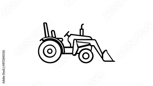 Minimalist line art vector icon illustration of a tractor with a front loader bucket attachment, ideal for agricultural, farming, construction, and industrial vehicle design projects. Scalable.