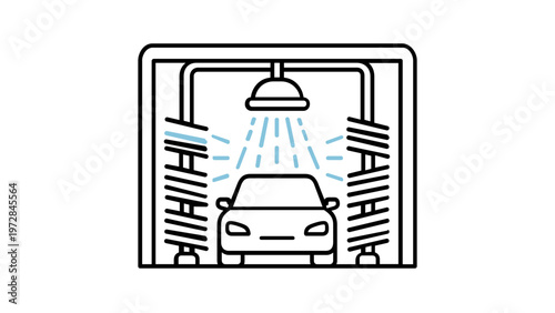 Professional automatic car wash vector icon illustration featuring a vehicle being cleaned with rotating brushes and overhead water sprayers in a service station, minimalist line art for auto care.