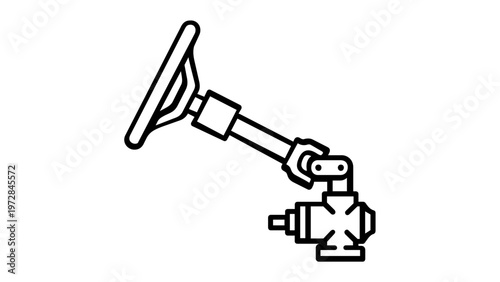 Steering Column and Wheel Vector Icon Illustration. Detailed Line Art of Automotive Steering System Components Including Shaft, Universal Joint, and Gearbox for Car Repair and Engineering.