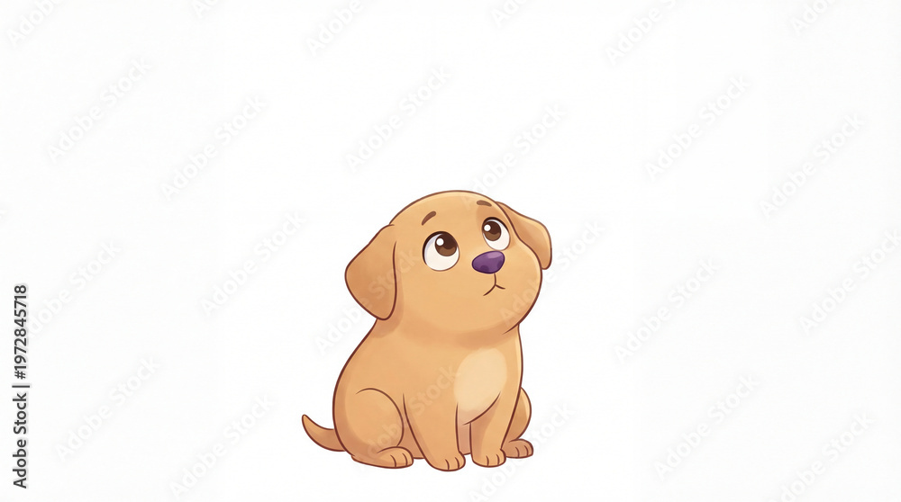 Obraz premium Illustration of a cute light brown puppy sitting and looking up. Cartoon style dog character with purple nose isolated on white background