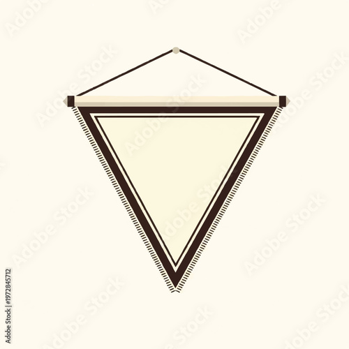 A blank triangular sports pennant with a decorative border, hanging on a wall, sepia and off-white color palette, nostalgic souvenir preparation, minimalist flat vector artwork, clipart style,
