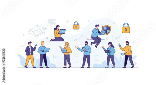 Diverse team collaborating on digital security and data privacy concepts with technology icons