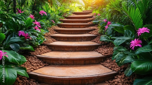 Serene garden steps winding through lush greenery