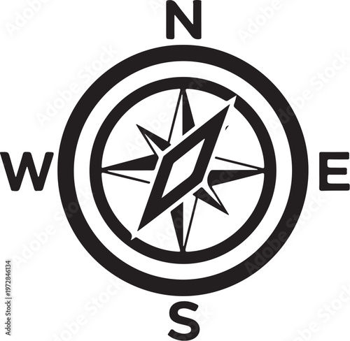 Compass navigation icon, directional symbol, black vector graphic, navigation tool