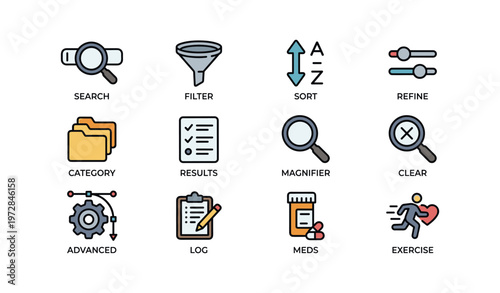 Search and sort icons for data management and analysis