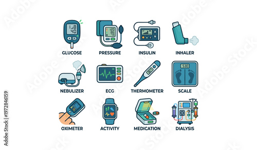 Medical devices: glucose monitor, inhaler, ecg, oximeter, medication dispenser