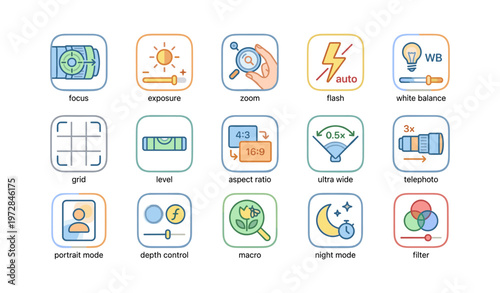 Camera icons featuring flash, zoom, portrait mode, and more