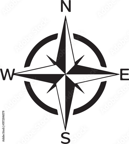 Compass rose, navigation symbol, directional icon, black vector graphic