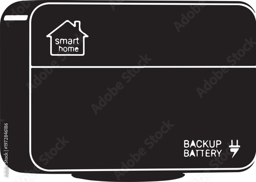 Smart home backup battery, black device icon, vector graphic, home automation, power supply