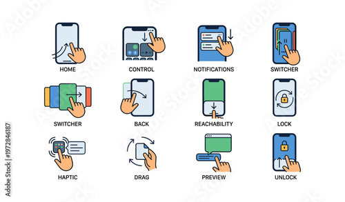 Smartphone gesture icons for navigation and control functions