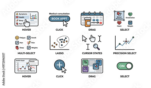 Gui elements for interactive actions: hover, click, drag, select functions in digital interfaces