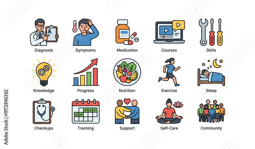 Healthcare and wellness icons set: diagnosis, nutrition, exercise, medication, support