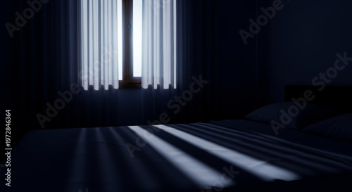 Soft moonlight filters through sheer white curtains into a dark bedroom, illuminating a window frame while deep shadows stretch over a bed, home, view, room