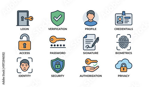 Security icons: verification, profile, password, identity, privacy
