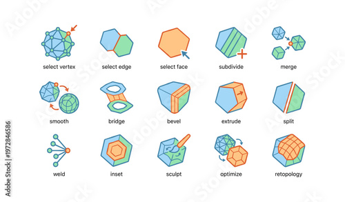 3d modeling icons: vertex, edge, face selection and advanced editing tools