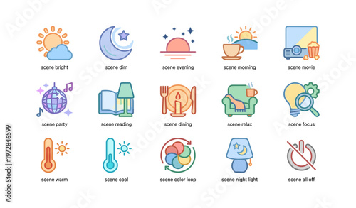Minimalist icon set depicting daily scenes including evening, morning, dining, and relaxation