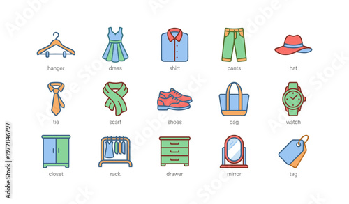 Stylish clothing and accessories icons: hanger, dress, shirt, pants, hat, tie, scarf, shoes, bag, watch