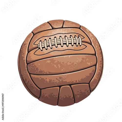 A hand-stitched heavy leather soccer ball from the early 20th century, rustic texture, sepia and faded tan color palette, nostalgic sports equipment, minimalist flat vector artwork, clipart