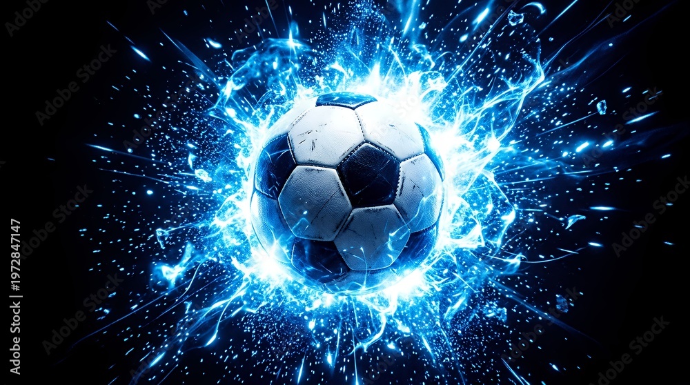 Naklejka premium Electric soccer ball surrounded by dynamic blue energy sparks in motion