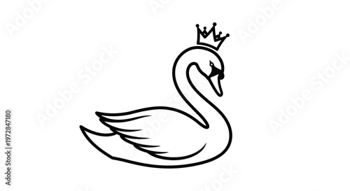 Elegant Swan with Crown, Minimalist Line Art Illustration
