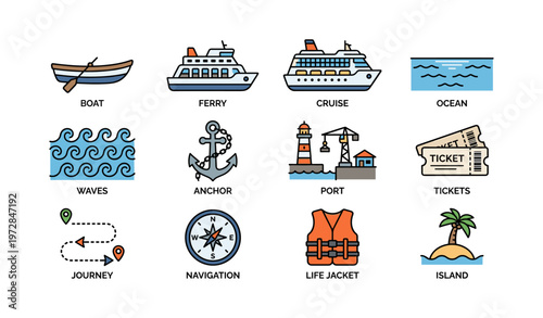 Nautical icons set featuring boats, cruise ships, ocean waves, island, and navigation tools