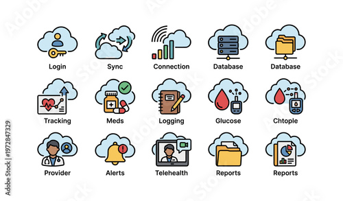 Cloud-based healthcare and data management icons for monitoring and analytics