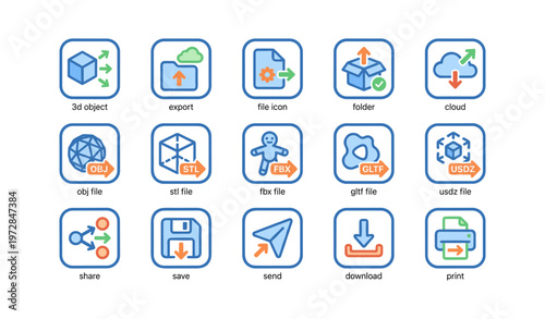 Icons for 3d object management: export, file formats, cloud storage, sharing, saving, downloading