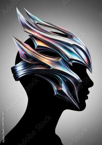 A futuristic sculptural headpiece crafted from polished silver plating rests on a profile silhouette against a minimalist grey background, studio, style, minimal