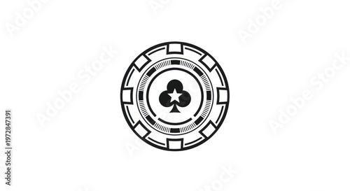 Black and white illustration of a poker chip with a clover symbol on a white background.