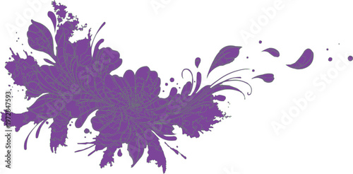 In a vibrant vector illustration, a grunge spring card design is created with splashes and stains of purple and blue ink, creating a floral-like natural design, along with pink and green leaf elements